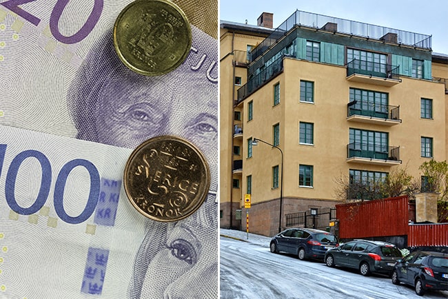 Kollage med Svenska sedlar och mynt samt ett gult flerfamiljshus