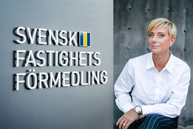 fasad med svensk fastighetsförmedlings logotyp och företagets vd liza nyberg