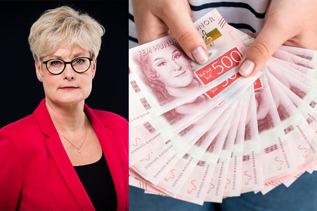 förbundsordförande Marie Linder i Hyresgästföreningen och händer som håller i 500-kronorssedlar